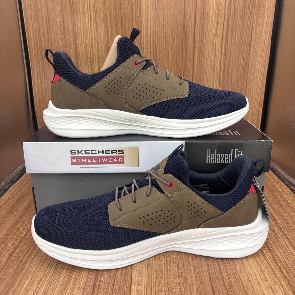 Skechers Slade Breyer Mens 13 Navy Tan Relaxed Fit Vegan Sneakers 210892 - Picture 2 of 10
